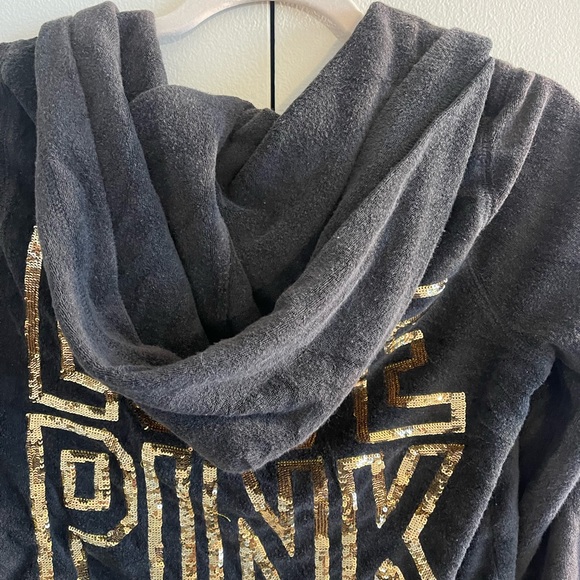 PINK Victoria’s Secret Gold Sequin Bling Black Velour Zip-Up - Picture 3 of 11